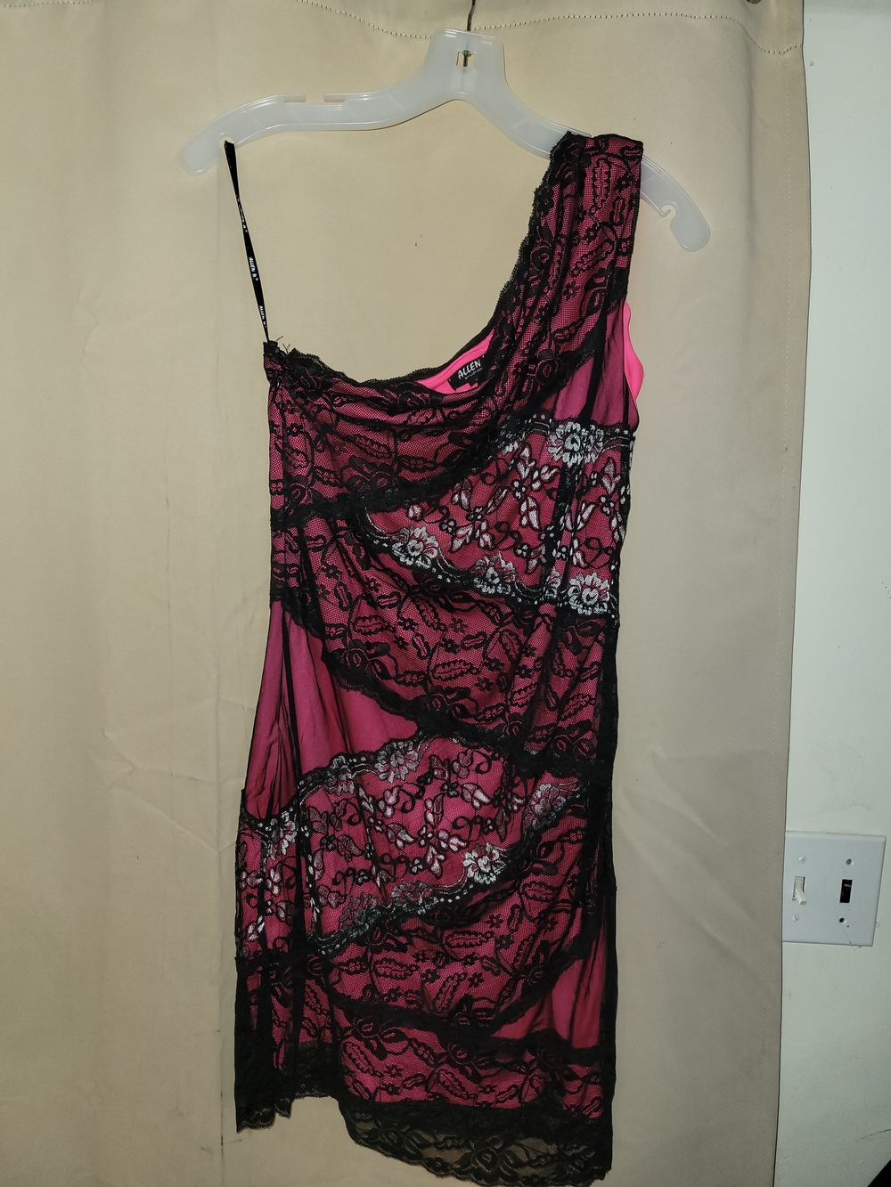 Allen B. By Allen Schwartz One-Shoulder Hot Pink Dress with Black Lace Overlay